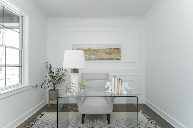 home office featuring dark wood-style floors and baseboards