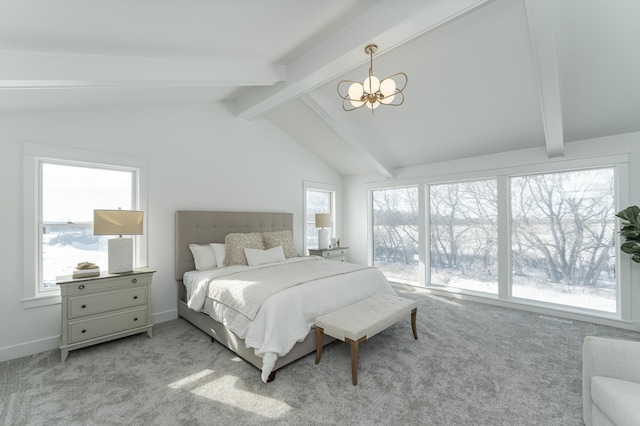 bedroom with light carpet, lofted ceiling with beams, a chandelier, and baseboards