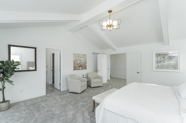 carpeted bedroom featuring lofted ceiling with beams, an inviting chandelier, visible vents, and baseboards