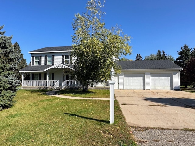 view of front of home with a front yard, a porch, and a garage