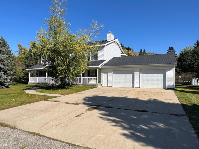 view of front facade featuring covered porch, a garage, and a front lawn