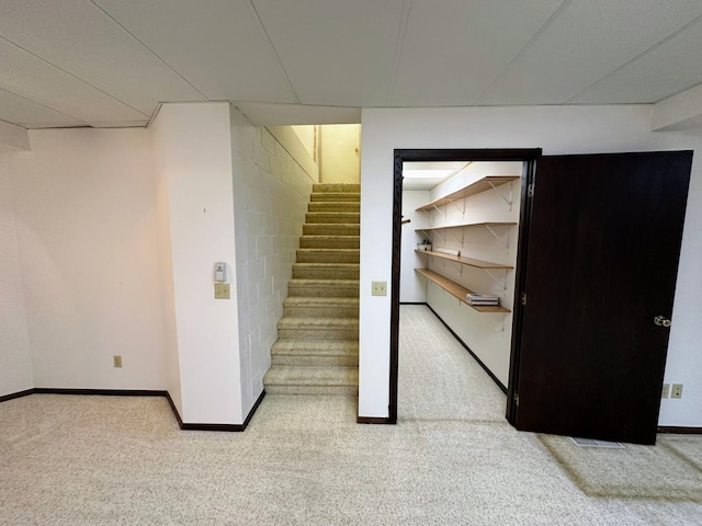 basement with light colored carpet