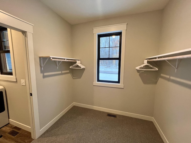 walk in closet with dark colored carpet