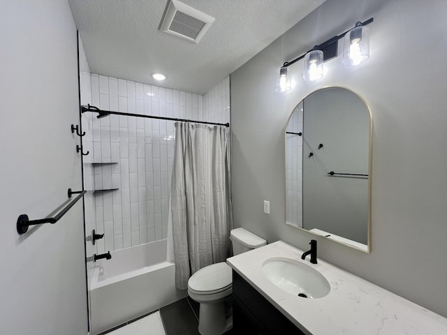 full bathroom with a textured ceiling, toilet, vanity, and shower / bathtub combination with curtain