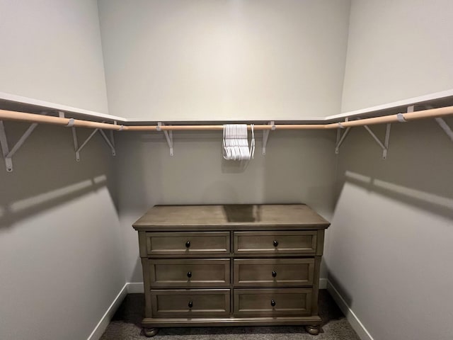 walk in closet featuring dark colored carpet