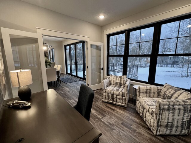 home office with dark hardwood / wood-style floors