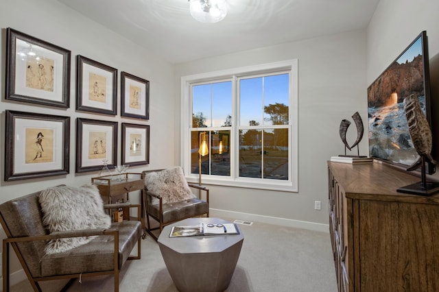 living area featuring light colored carpet