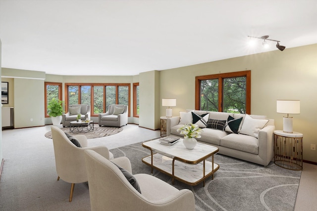 living room featuring track lighting and light colored carpet