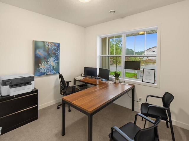 office space with light carpet and baseboards