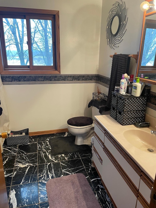 bathroom featuring toilet, a wealth of natural light, and vanity