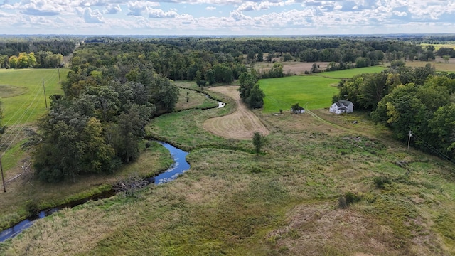 aerial view featuring a water view and a rural view