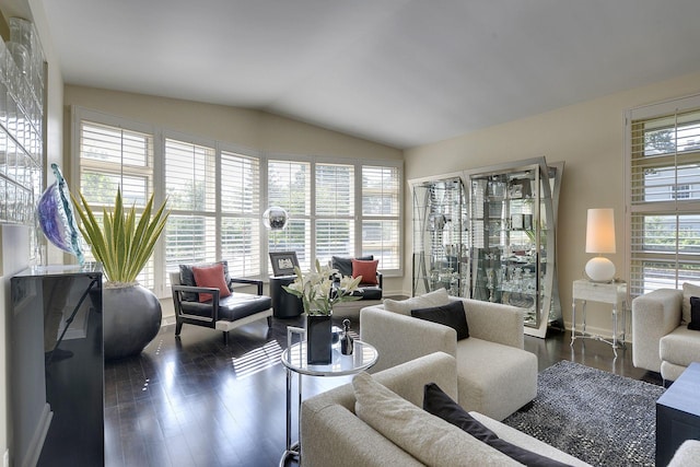 living room featuring vaulted ceiling, a wealth of natural light, and dark hardwood / wood-style flooring