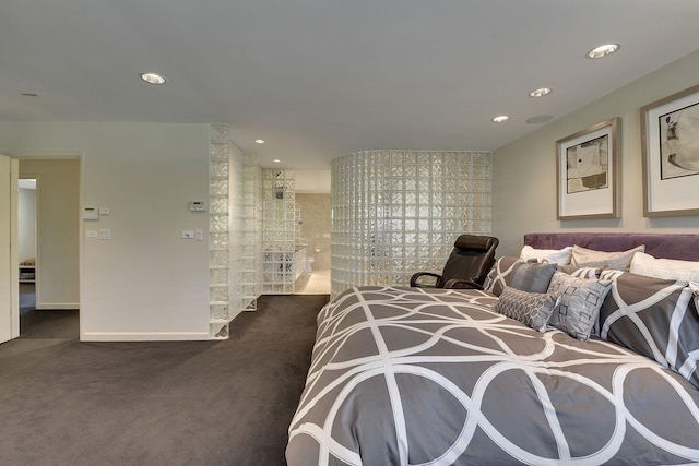 bedroom featuring dark carpet