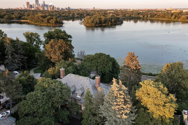 birds eye view of property with a water view