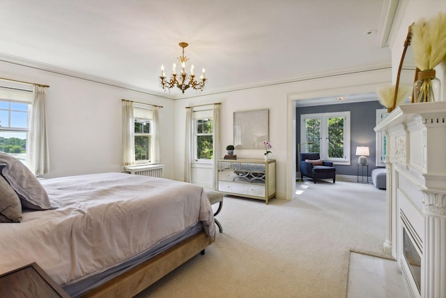 carpeted bedroom with multiple windows, ornamental molding, and a notable chandelier