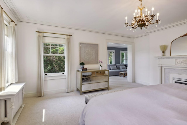 bedroom with light carpet, an inviting chandelier, and ornamental molding