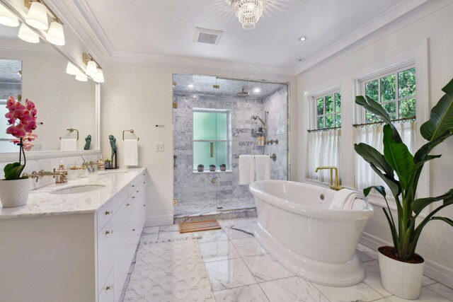 bathroom with vanity, crown molding, plus walk in shower, and an inviting chandelier