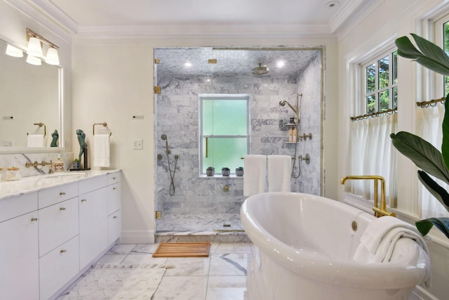 bathroom with vanity, ornamental molding, and shower with separate bathtub