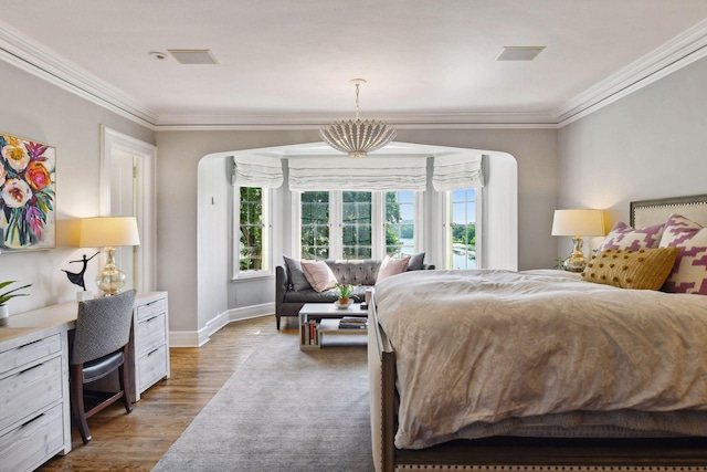 bedroom with crown molding, dark wood-type flooring, and multiple windows