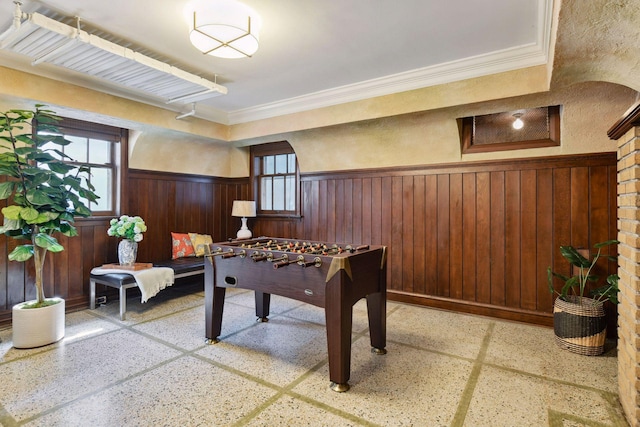 playroom featuring wainscoting, ornamental molding, wooden walls, and plenty of natural light