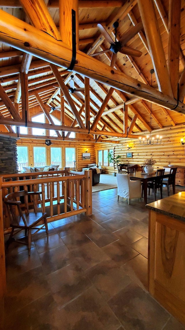 28419 220th St, Shevlin, MN 56676 - unfurnished dining area with wood ceiling, beamed ceiling, high vaulted ceiling, and ceiling fan