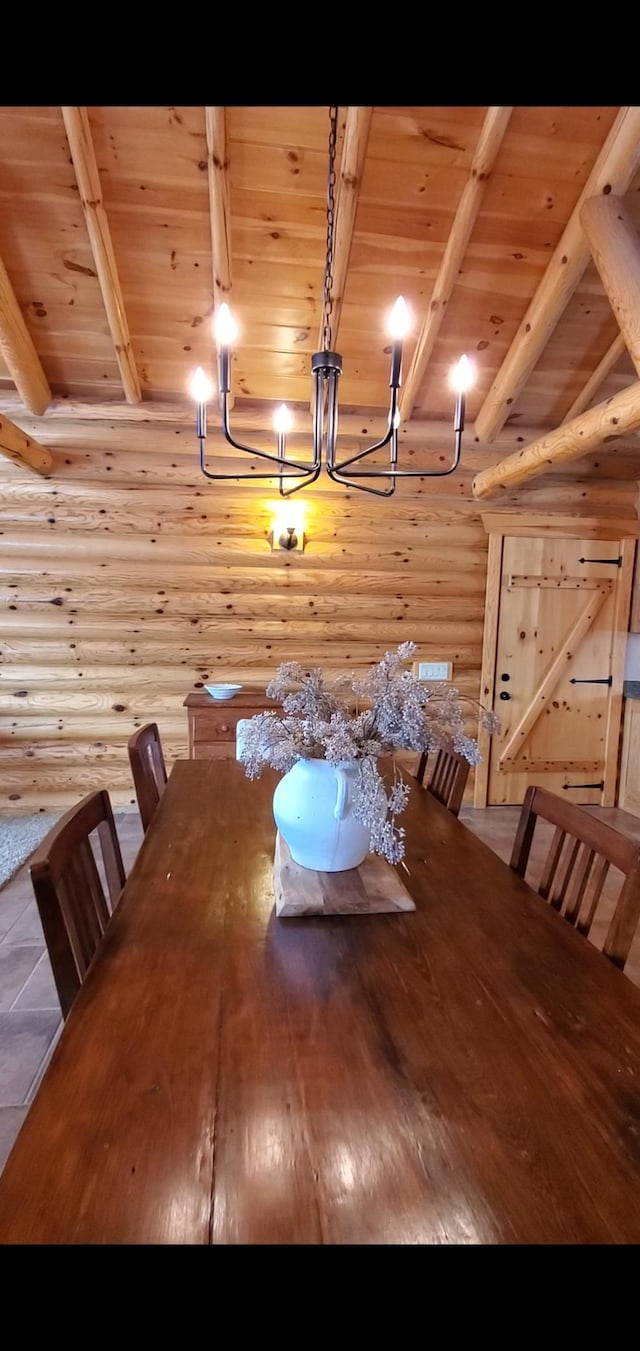 28419 220th St, Shevlin, MN 56676 - dining space with log walls, beam ceiling, a chandelier, and wood ceiling