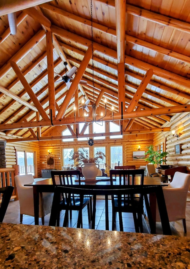 28419 220th St, Shevlin, MN 56676 - dining room featuring wooden ceiling, beamed ceiling, high vaulted ceiling, and rustic walls