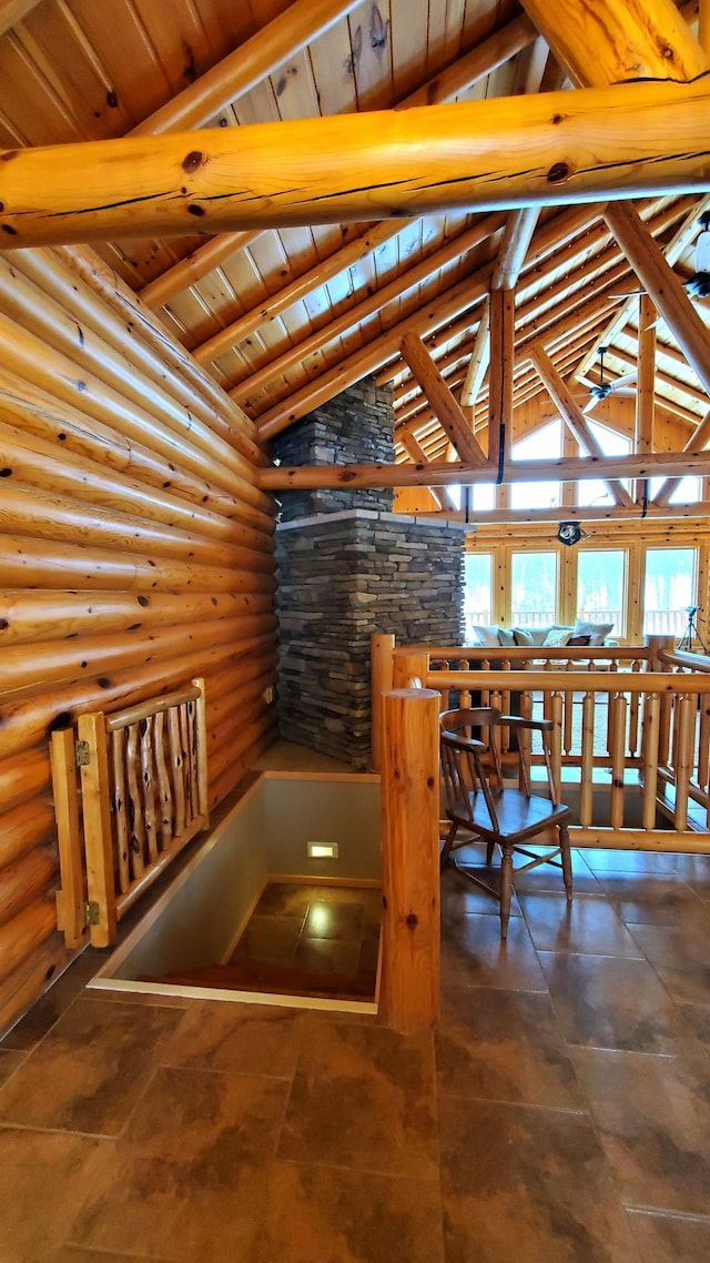 28419 220th St, Shevlin, MN 56676 - hall featuring rustic walls and wood ceiling
