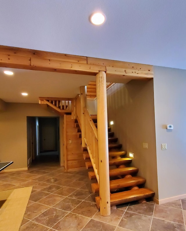 28419 220th St, Shevlin, MN 56676 - staircase with recessed lighting, baseboards, and tile patterned flooring