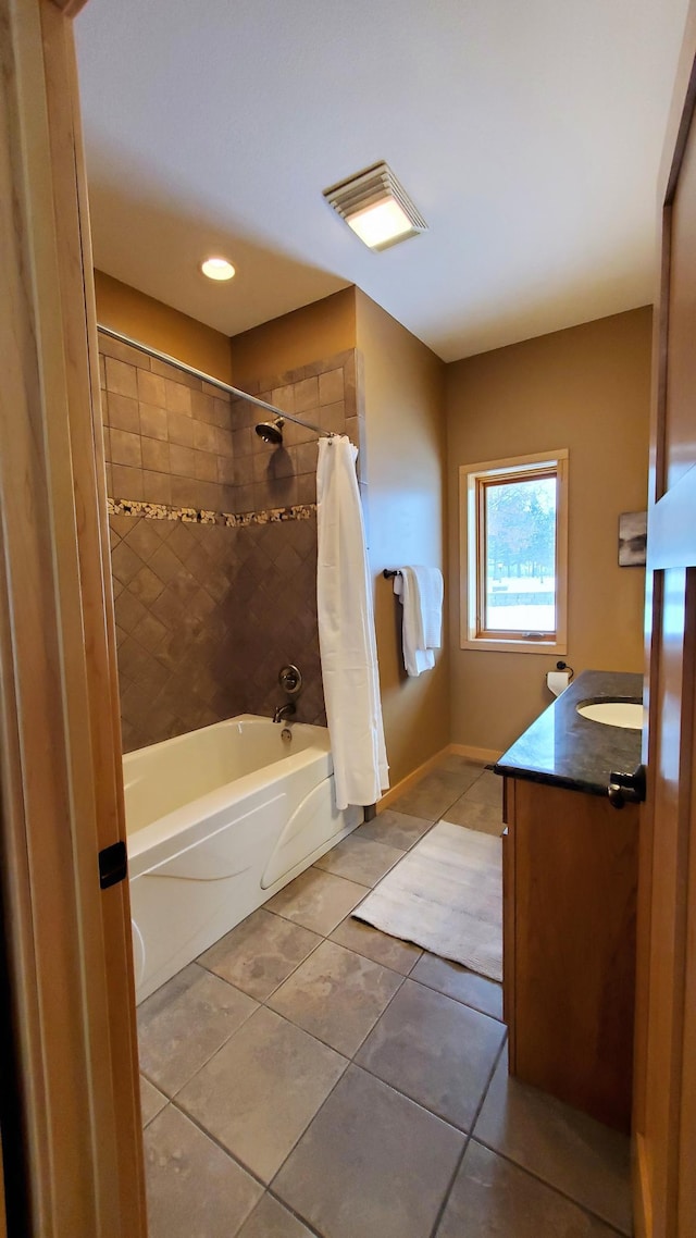 28419 220th St, Shevlin, MN 56676 - full bathroom with tile patterned floors, shower / tub combo with curtain, vanity, baseboards, and recessed lighting
