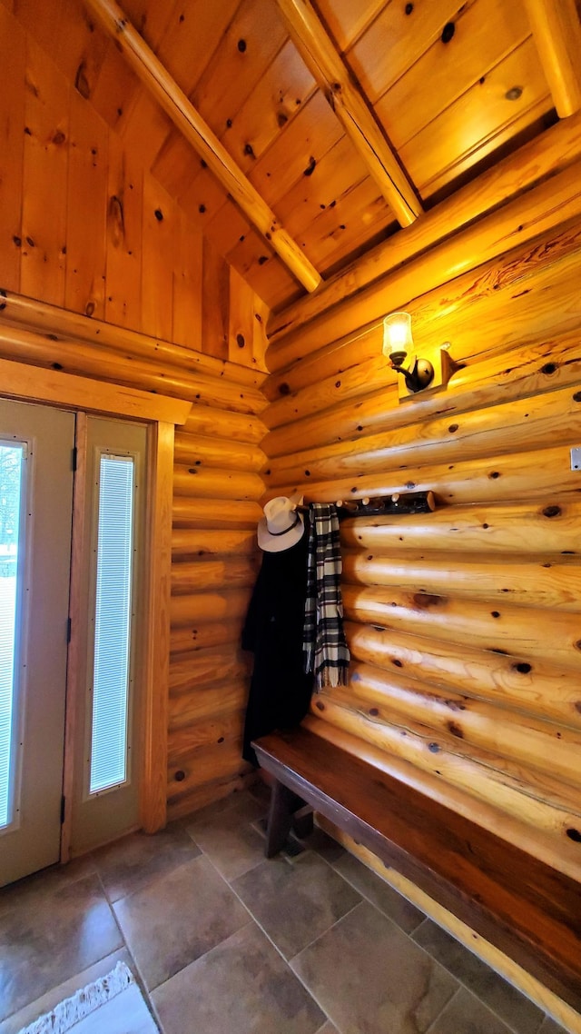 28419 220th St, Shevlin, MN 56676 - sauna featuring rustic walls, wooden ceiling, plenty of natural light, and tile patterned floors