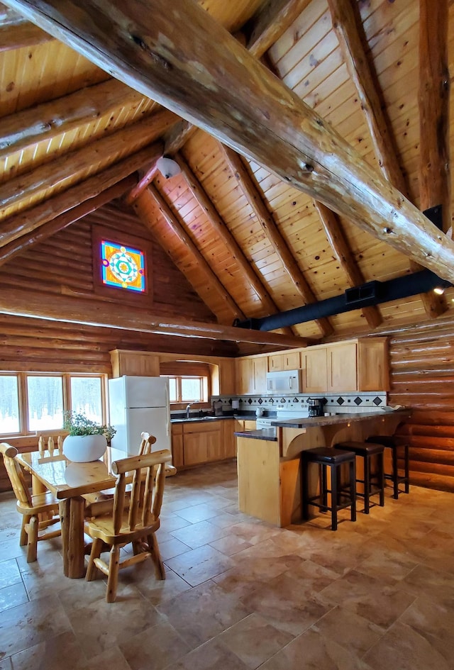 28419 220th St, Shevlin, MN 56676 - dining area featuring high vaulted ceiling, wooden ceiling, and beam ceiling