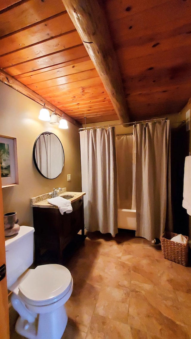 28419 220th St, Shevlin, MN 56676 - bathroom featuring wood ceiling, vanity, toilet, and a shower with curtain