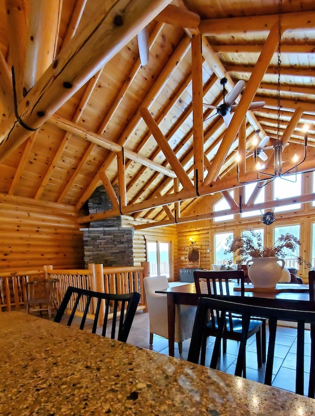 28419 220th St, Shevlin, MN 56676 - dining area with high vaulted ceiling, beamed ceiling, rustic walls, and wood ceiling