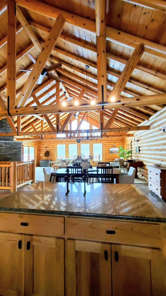 28419 220th St, Shevlin, MN 56676 - kitchen with wood ceiling and dark stone countertops
