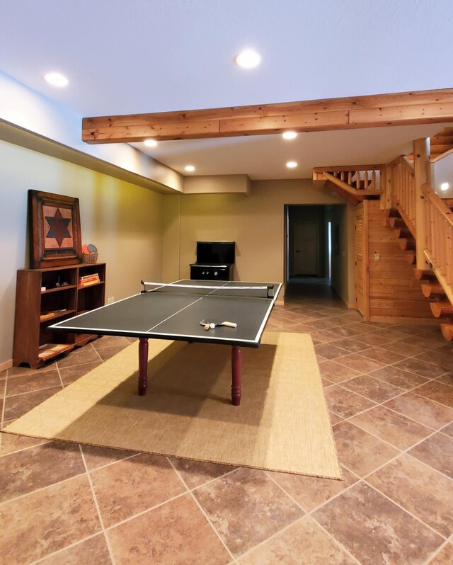 28419 220th St, Shevlin, MN 56676 - recreation room featuring recessed lighting, beam ceiling, and tile patterned flooring