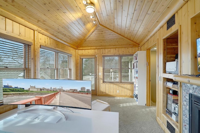 interior space featuring lofted ceiling, plenty of natural light, and wood ceiling