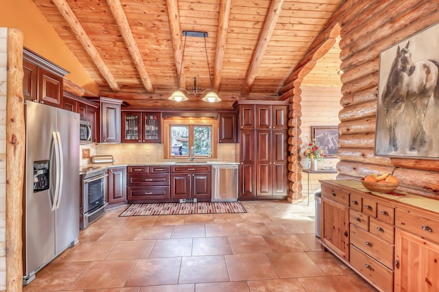 kitchen featuring appliances with stainless steel finishes, rustic walls, wood ceiling, sink, and a notable chandelier