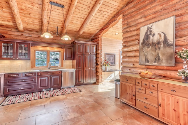 kitchen with pendant lighting, dishwasher, wooden ceiling, and log walls