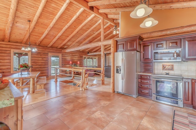 kitchen featuring pendant lighting, wood ceiling, rustic walls, and appliances with stainless steel finishes