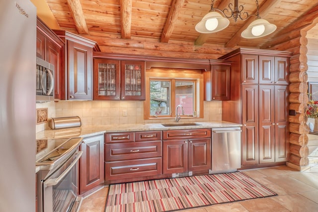 kitchen featuring beam ceiling, rustic walls, sink, wood ceiling, and appliances with stainless steel finishes