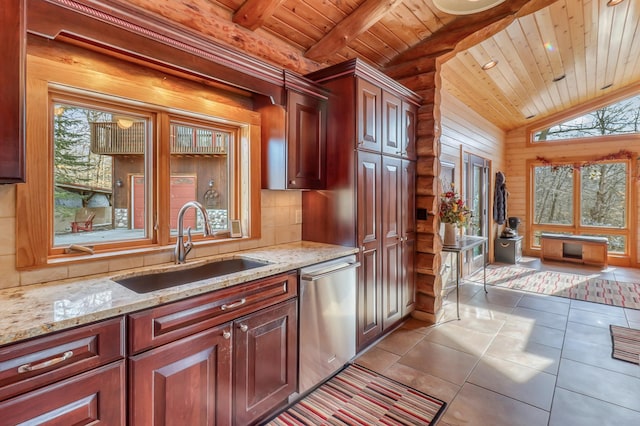 kitchen with light stone counters, sink, wooden ceiling, dishwasher, and vaulted ceiling with beams