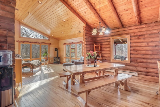 dining area with an inviting chandelier, high vaulted ceiling, wooden ceiling, beamed ceiling, and a wood stove