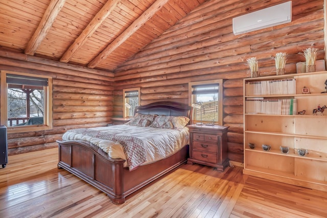 bedroom featuring rustic walls, beamed ceiling, a wall mounted AC, light hardwood / wood-style floors, and wood ceiling