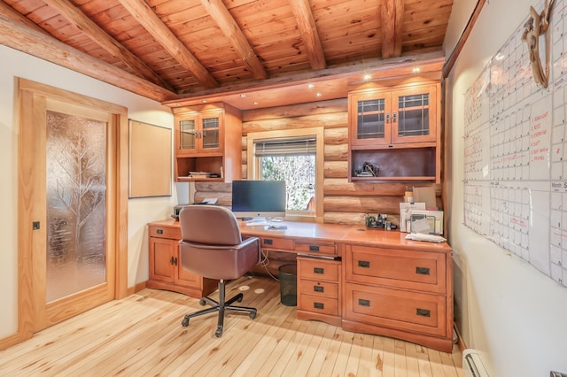 office space featuring wood ceiling, a baseboard heating unit, log walls, light hardwood / wood-style flooring, and vaulted ceiling with beams