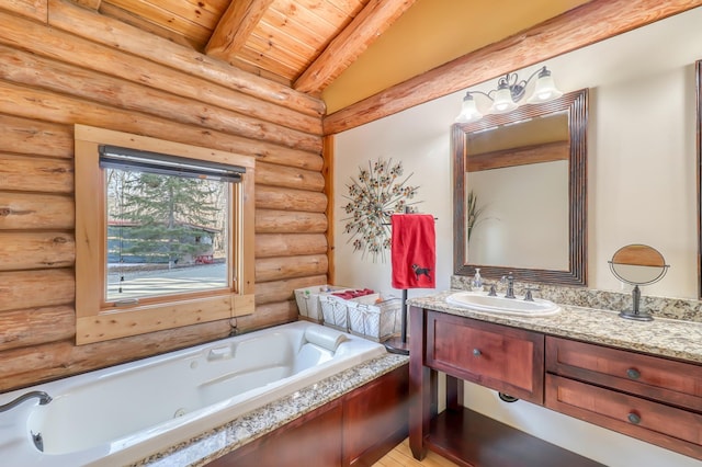 bathroom featuring a bathing tub, vaulted ceiling with beams, wooden ceiling, and rustic walls