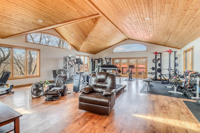 gym featuring hardwood / wood-style floors, a wealth of natural light, and wooden ceiling