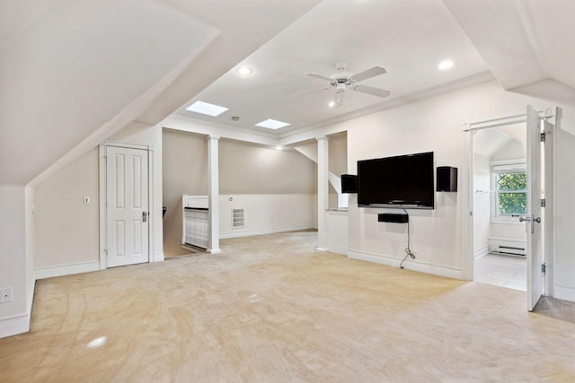 unfurnished living room with vaulted ceiling, a baseboard radiator, ceiling fan, ornamental molding, and light carpet