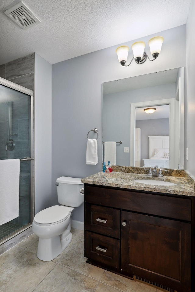 full bath with a stall shower, visible vents, ensuite bathroom, a textured ceiling, and vanity