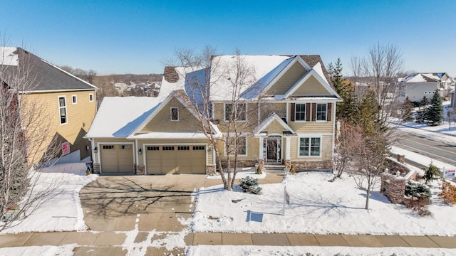 view of front of home with a garage, concrete driveway, and a chimney